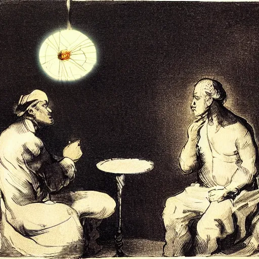 Prompt: two men arguing about neural networks in small room lighted by candles. art by francisco goya - w 1 0 2 4