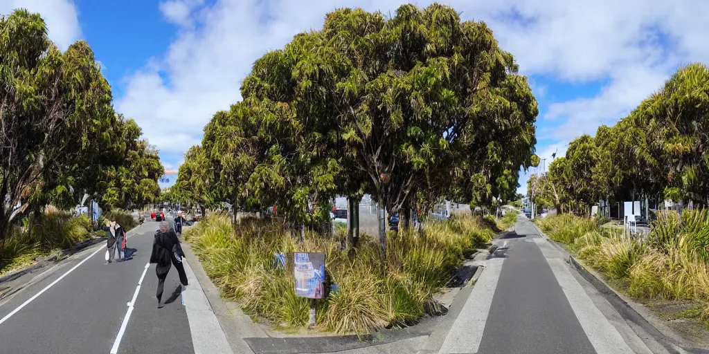 Image similar to a street in a new zealand city where the roads have been replaced by wetlands filled with flowering new zealand flax. tui birds drink nectar. google street view. very windy day. people walking on the footpath