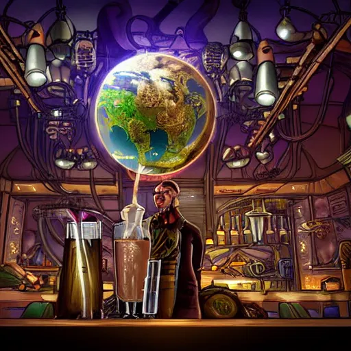 Prompt: a steampunk planet earth, has a drink at a bar. digital art, dramatic lighting, comedy, science fiction, epic fantasy, surreal. style of fifth element ( film )