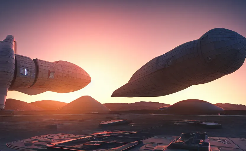 Prompt: 3 d render of a scifi spaceport, sunset lighting, spacecraft taking off, unreal engine, hyper realism, realistic shading, cinematic composition, blender render, octane render, hdr, detailed textures, photorealistic, ultrawide shot, 1 6 mm lens