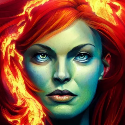 Image similar to jean grey, a full body portrait of jean grey, green eyes, red hair, phoenix rising, flames, flying, comic, x - men, highly detailed, artstation, deviantart, symetry, digital painting, vivid colors, realistic shaded perfect face, volumetric lighting, atmospheric, sharp focus, moody, art by artgerm and greg rutkowski, 8 k