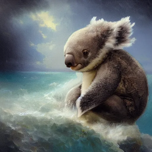 Image similar to sea koala by elena vizerskaya and ivan aivazovsky, perfectly detailed, artstation, sharp focus, highly detailed, studio photography, impresion de giclee arte abstracto, award winning