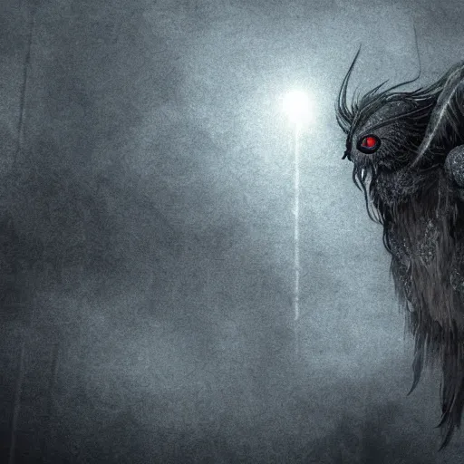 Image similar to mothman glowing eyes misty atmospheric ominous perspective