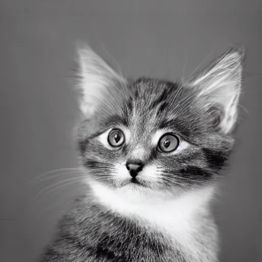 Image similar to a portrait photo of a cute solid gray kitten wearing a tuxedo by edward weston, auto graflex, 2 1 0 mm ƒ / 6 4 zeiss tessar, agfa isopan iso 2 5, pepper no. 3 5, 1 9 3 0, high quality photo, highly detailed, studio lighting, fine - art photography, tack sharp