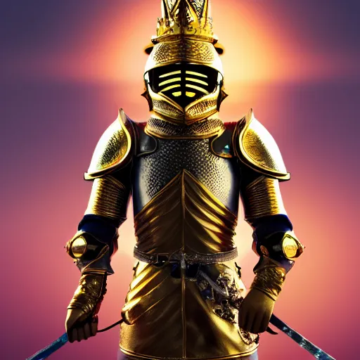 Image similar to a highly detailed knight in a T golden helmet and a golden crown with a blue diamond in the center, golden armor, leather clothes under the armor, leather gloves, holds a black sword, artstation, DeviantArt, professional, octane render, sunset lighting