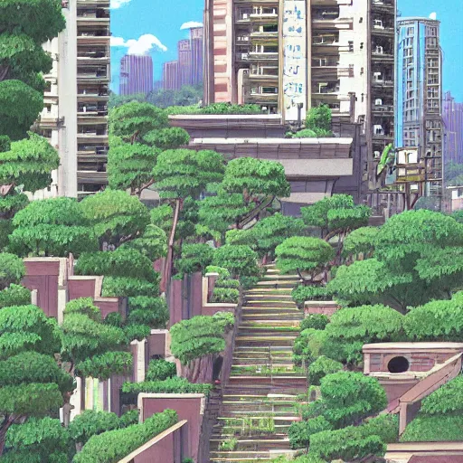 Image similar to a sprawling city landscape in an abandoned east asian country, highrise buildings, vines and weeds growing from the balconies, plants sprouting from the concrete, intricate, elegant, smooth, sharp focus, illustration, art by Studio Ghibli