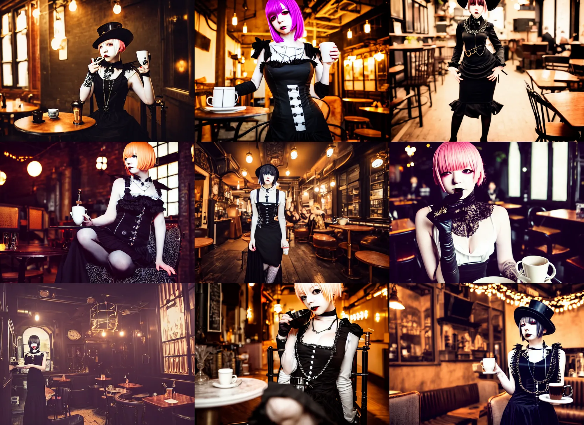 Prompt: full body portrait photo of reol wearing a elegant gothic dress, open top, wearing a mini top hat, drinking coffee in a ( ( busy ) ) steampunk cafe interior, dim studio lighting, at night, ( ( photograph ) ), moody, realistic, detailed, low light