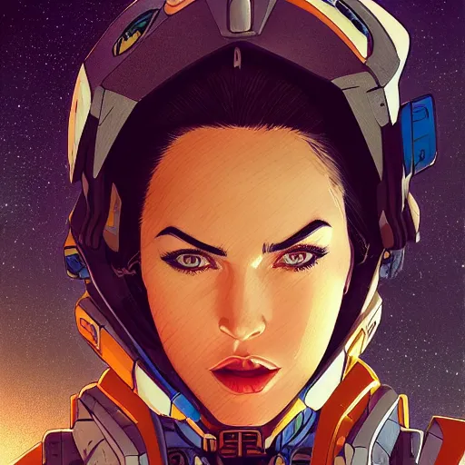 Image similar to portrait of stunning megan fox gundam pilot, with an intricate, detailed, urban inspired hiphop afro futuristic helmet, vector behance hd jesper ejsing, rhads, makoto shinkai, lois van baarle, ilya kuvshinov, rossdraws, hd, 3 2 k, ilya kuvshinov, gustav klimt