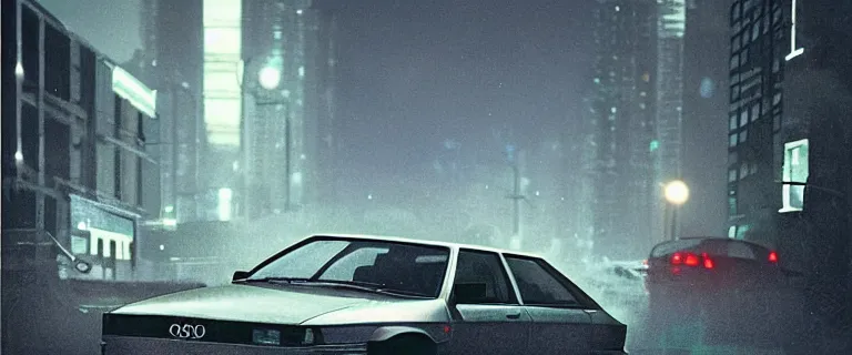 Prompt: Aqua Metallic Audi 80 RS 2 Avant (1995), black car, a gritty neo-noir, dramatic lighting, cinematic, establishing shot, extremely high detail, photorealistic, cinematic lighting, artstation, by simon stalenhag, Max Payne (PC) (2001) winter new york at night, flashing lights, Poets of the Fall - Late Goodbye