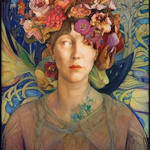 Prompt: flower queen, by annie swynnerton and tino rodriguez and nicholas roerich and lucien freud, dramatic lighting, floral tattoos, rich colors, smooth sharp focus, extremely detailed, adolf wolfli