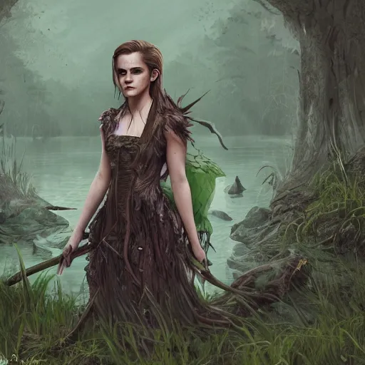 Image similar to emma watson as a swamp witch, digital art, trending on art station, swamp background, illustration, character illustration, 4 k, hyper detailed, by jason chan