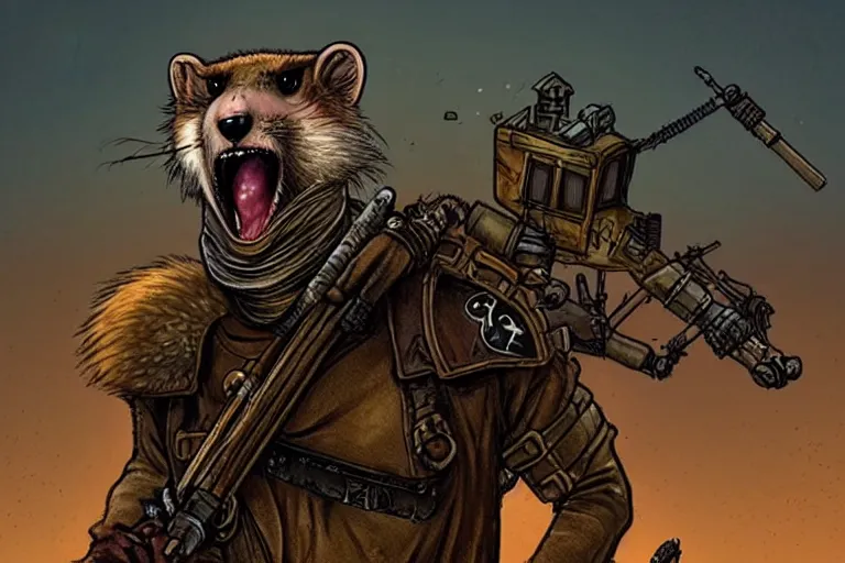 Image similar to a good ol'weasel fursona ( from the furry fandom ), heavily armed and armored facing down armageddon in a dark and gritty version from the makers of mad max : fury road. witness me.