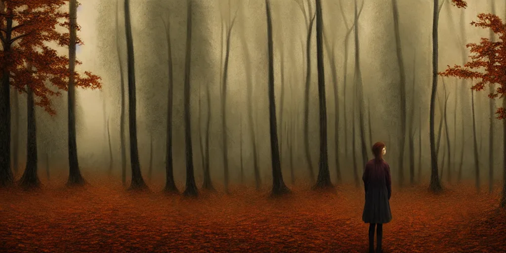 Prompt: a girl in an autumn forest, by Aron Wiesenfeld, wolf, cinematic, detailed illustration, nature, fog, dark colors, suspense, intricate, 8k