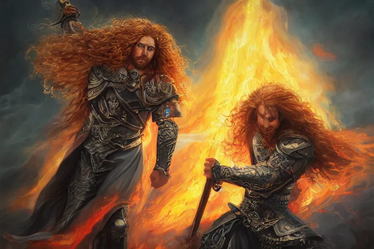 Prompt: a beautiful prince Lucius warrior with long curly blond hair brutally destroys his enemies on the battlefield, wrath flame and ruin, oil painting, trending on artstation