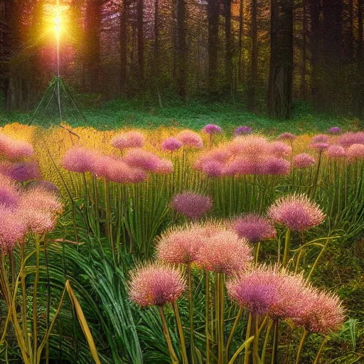 Image similar to allium flowers in a forest, golden hours, wilderness, cinematic lighting, trending on artstation