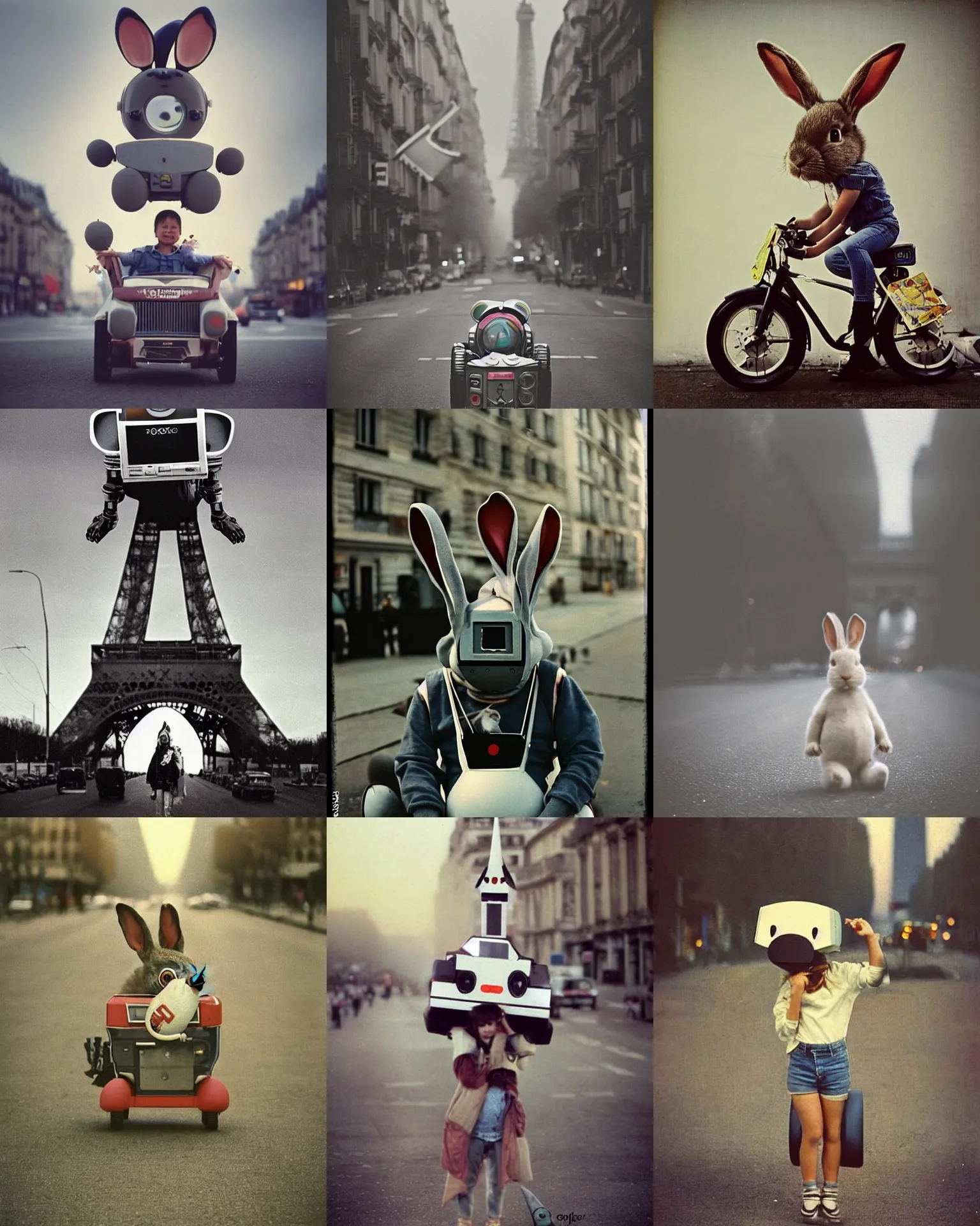 Prompt: 1986!! epic pose!!! googly eyed giant oversized rocket battle rabbit robot chubby mech baby sport car double decker with giant oversized ears and rabbit babies , in paris , full body , Cinematic focus, Polaroid photo, vintage , neutral dull colors, soft lights, foggy sunset , by oleg oprisco , by national archives, by discovery channel, by victor enrich , by gregory crewdson
