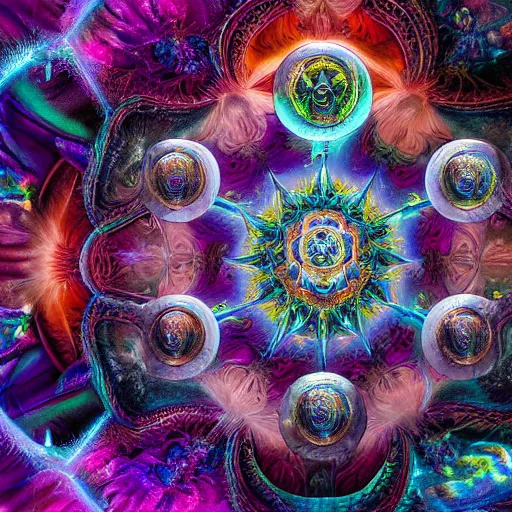 Prompt: extremely detailed beautiful render of tryptamine realms with crystals, gemstones jewels, deep color scheme, by alex grey and tomasz alen kopera and jordan grimmer and ernst haeckel, complex detailed painting, gods ray and psychedelic lighting, fractal mirrors + fragmentation + skulls + crystals gemstone + eyes + jewels, crystals gemstones, 4 k hd wallpaper : 2