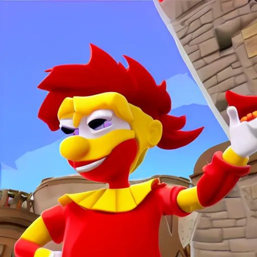 Image similar to image of ronald mcdonald, white face, red afro, red nose and yellow outfit as an enemy in spyro the dragon video game, with low poly playstation 1 graphics, upscaled to high resolution