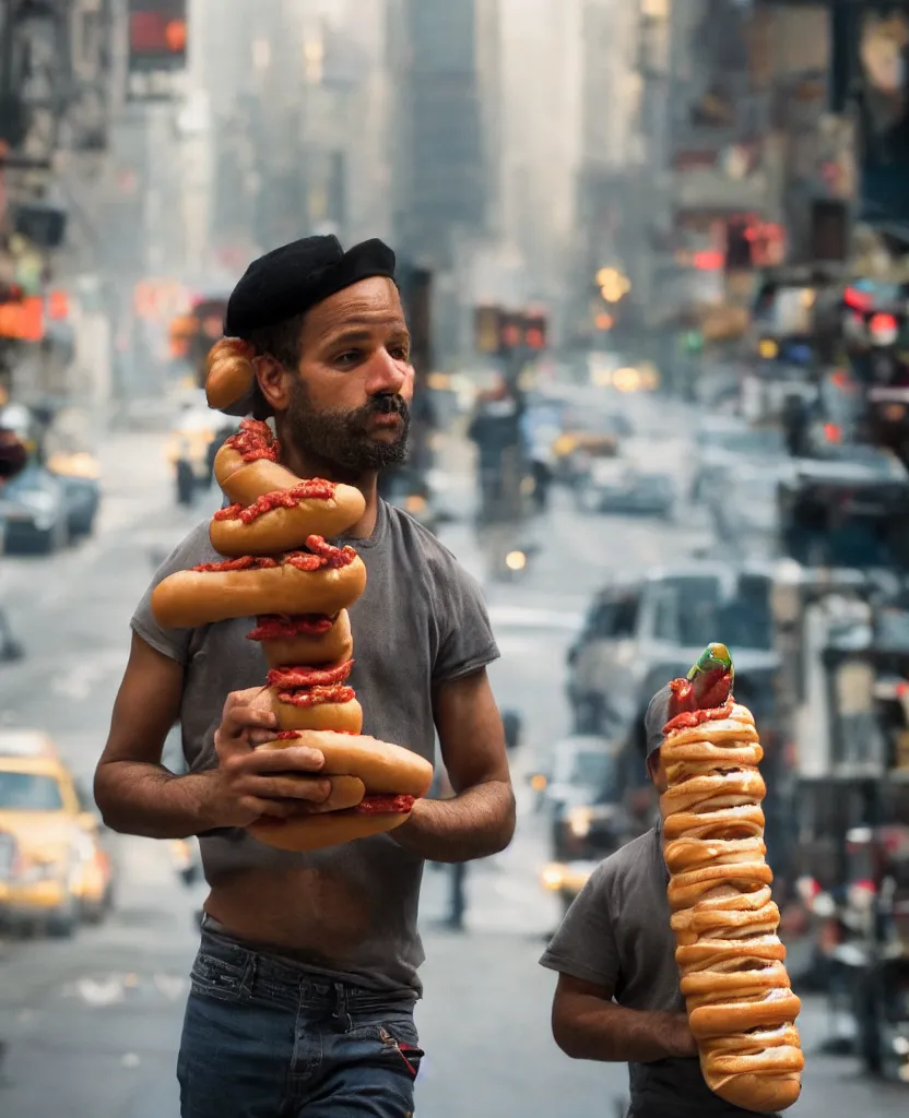 Image similar to closeup portrait of a man carrying a giant hotdog on his shoulder in a smoky new york back street, by Annie Leibovitz and Steve McCurry, natural light, detailed face, CANON Eos C300, ƒ1.8, 35mm, 8K, medium-format print