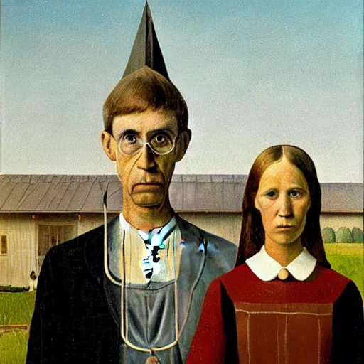 Prompt: two horses recreating the painting american gothic, by grant wood
