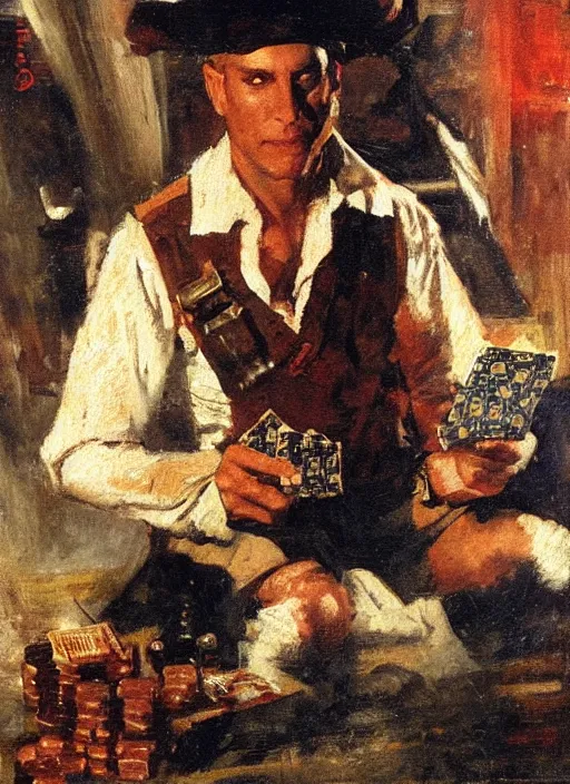 Prompt: a portrait of a pirate playing cards by dean Cornwell