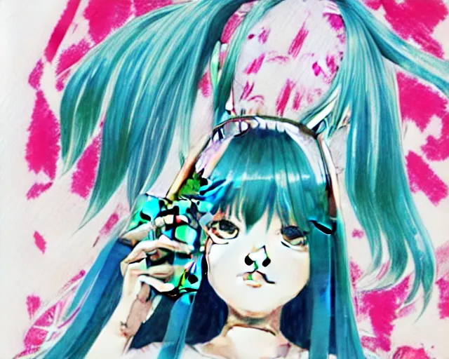 Image similar to a high detail watercolor of Hatsune Miku taking a selfie by Yukito Kishiro and katsuhiro otomo, illustration, hyper-detailed, colorful, complex, intricate, masterpiece, epic