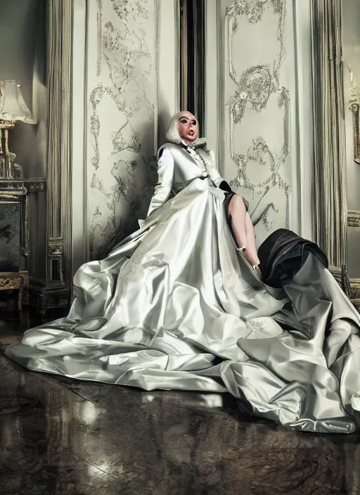 Image similar to lady gaga styled by annie leibovitz posing in an expensive mansion setting , vogue magazine, Highly realistic. High resolution. Highly detailed. Dramatic. 8k.4k.