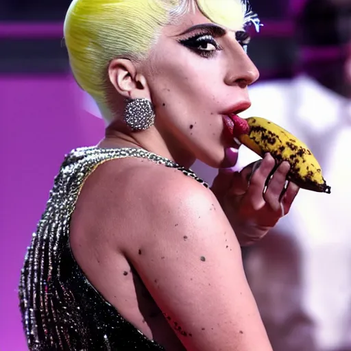 Prompt: lady gaga side view eating meat banana