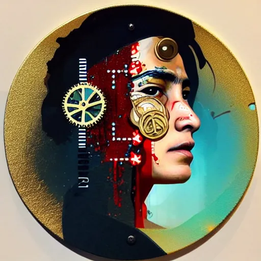 Image similar to portrait of chitral woman :: side profile :: in ocean :: clockwork details :: gold :: blood and horror :: by marvel and Sandra Chevrier