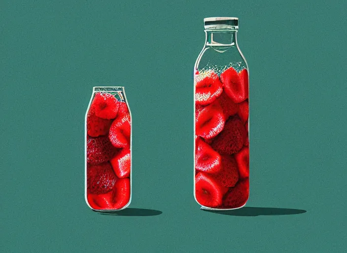 Image similar to ( ( dither ) ), editorial illustration strawberries blueberries sliced kiwi sliced lemon inside a clear drinking bottle, isometric, modern art deco, mads berg, karolis strautniekas, stippled light, fog, fine texture, dynamic composition, matte print, ( ( unreal engine ) )