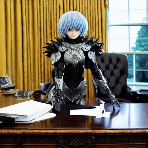 Image similar to a person cosplaying griffith from berserk manga by kentaro miura sitting at his white house oval office desk