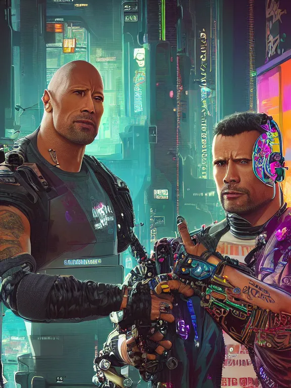 Prompt: a cyberpunk 2077 wedding couple portrait of Dwayne Johnson and a female android,complex mess of cables and wires behind them connected to giant computer,film lighting,by laurie greasley,Lawrence Alma-Tadema,William Morris,Dan Mumford, trending on atrstation,full of color,face enhance,sharp focus, highly detailed,8K, octane,golden ratio,cinematic lighting