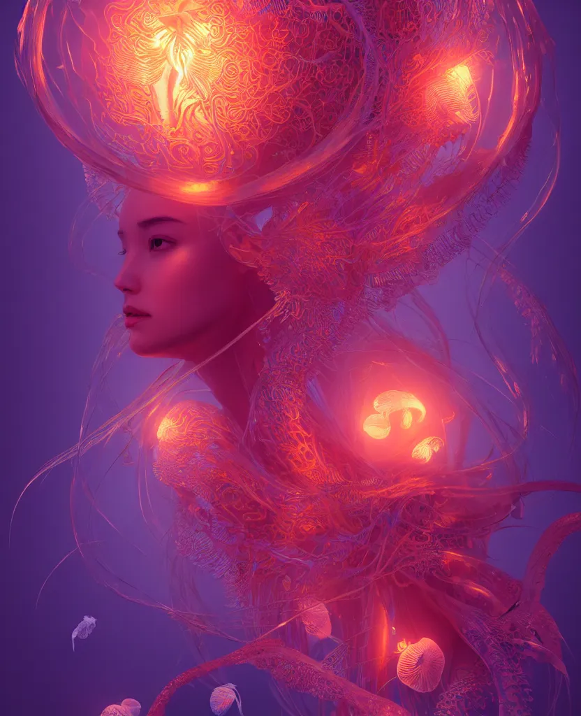 Image similar to goddess close-up portrait. jellyfish phoenix head, nautilus, orchid, skull, betta fish, bioluminiscent creatures, intricate artwork by Tooth Wu and wlop and beeple. octane render, trending on artstation, greg rutkowski very coherent symmetrical artwork. cinematic, hyper realism, high detail, octane render, 8k