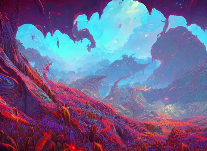 Prompt: psychedelic art of a landscape made of dragons, thousands of dragons, detailed, cel shaded, by makoto shinkai and moebius and anton fadeev and james gurney