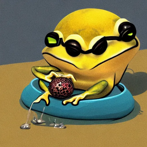 Prompt: frog with glasses, on the beach, eating a lemon, covered in spiders, trending on artstation, hiroaki tsutsumi style