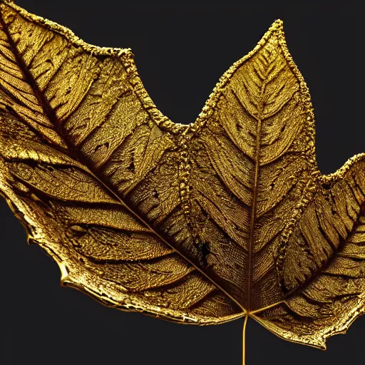 Image similar to Intricate a whole fantasy leaf, encrusted with jewels, gilded gold, detailed veins, sharp focus, octane render, high quality, 8k, volumetric lighting, on black background