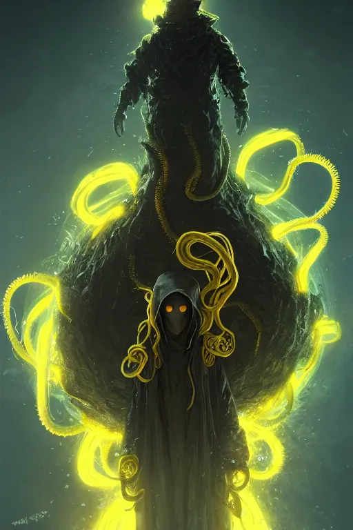 Image similar to A full body portrait of a mysterious character with no face with a very long hooded yellow cloak, a golden crown floating above his head tentacles coming out the ground art by Maciej Kuciara and Jason Chan, ominous, cosmic horror, trending on artstation, Ultra detailed, hyper realistic 4k