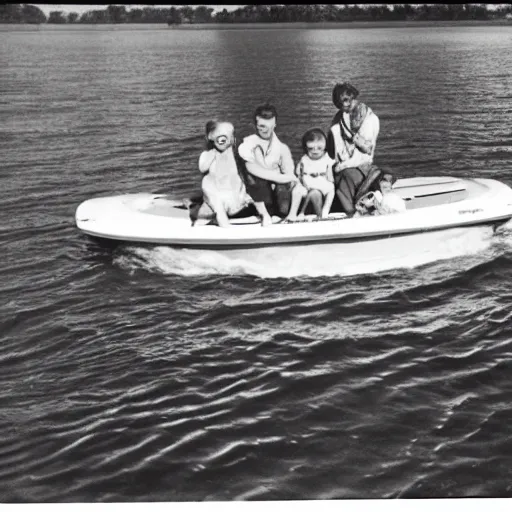 Prompt: found photo of family summer boating on lake champlain