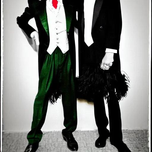 Image similar to the joker wearing a black suit with red tie, wearing a fedora, standing next to a 20's flapper, prom pictures, amateur photography