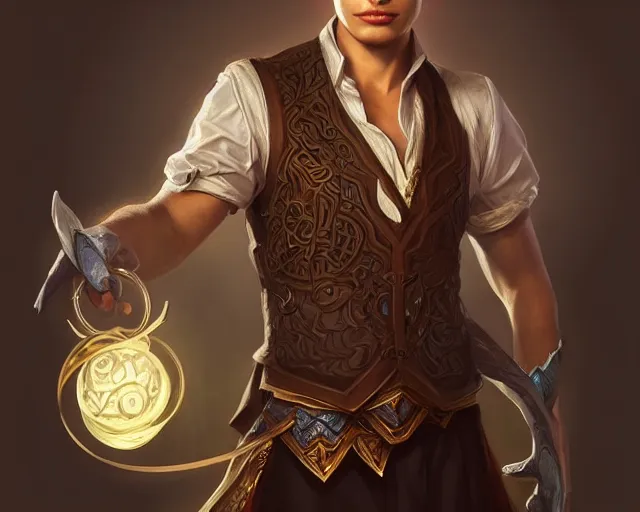 Image similar to young shadow mage male, wearing a vest with diamond pattern, joyful, d & d, fantasy, intricate, elegant, full body, highly detailed, digital painting, artstation, concept art, matte, sharp, illustration, hearthstone, art by artgerm and greg rutkowski and alphonse mucha