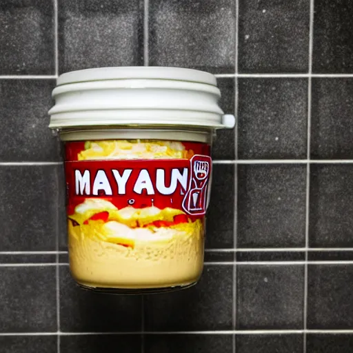 Image similar to a jar of mayonnaise on an escalator. close - up on the jar of mayonnaise. photorealistic, 8 k