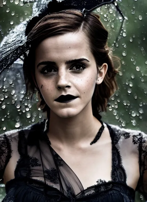 Image similar to Emma Watson for Victorian Secret, perfect face, hot summertime goth in the rain, full length shot, XF IQ4, 150MP, 50mm, f/1.4, ISO 200, 1/160s, natural light, Adobe Photoshop, Adobe Lightroom, DxO Photolab, Corel PaintShop Pro, rule of thirds, symmetrical balance, depth layering, polarizing filter, Sense of Depth, AI enhanced