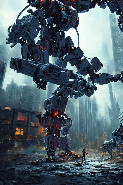 Prompt: a futurecore boxing humanoid mecha in ruin city, bright, by real steel ( 2 0 1 1 ), sharp focus, eve venture, raymond swanland, cryengine, post apocalyptic, mechanical structure, unreal engine 5, 8 k realistic, hyper detailed, bright, background by greg rutkowski,, digital painting, concept art, dof