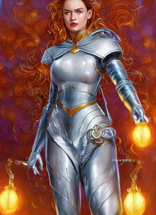 Image similar to beautiful female dorothy gale, rebecca romijn as dorothy, full body character concept, covered in full beautiful silver armor, art nouveau, super powers, fantasy, intricate, elegant, highly detailed, digital painting, artstation, concept art, shining, sharp focus, illustration, art by stanley lau