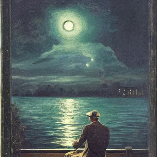 Prompt: gatsby on his dock at night, looking at the dim green light across the water, realism, detailed, atmospheric,