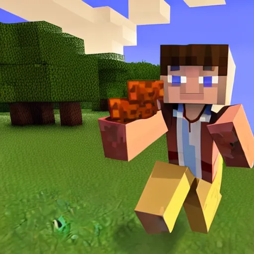 Image similar to minecraft steve running away from a creeper screaming