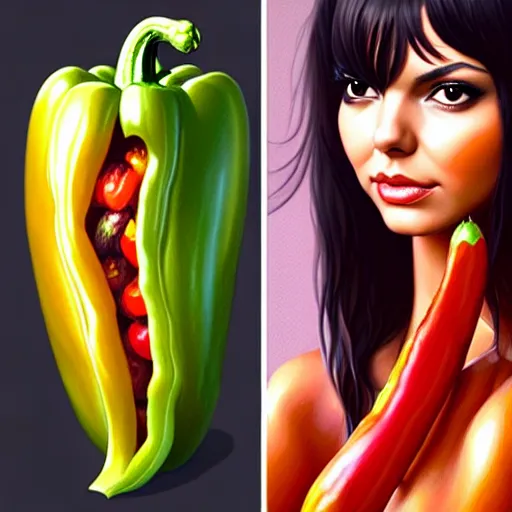 Image similar to half victoria justice half bell pepper creature, by artgerm, wlop. vastly enriched image quality. lucidly vivid. iridescentally detailed. extremely elegant and beautiful.