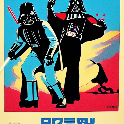 Prompt: darth vader and luke skywalker on roller skates, soviet propaganda poster