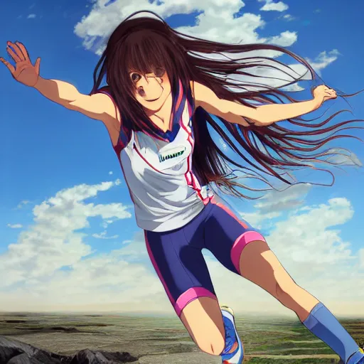 Prompt: a girl is running, sport clothing, anime style, long hair, hair down, symmetrical facial features, smiling face expression, from yowamushi pedal, hyper realistic, rule of thirds, extreme detail, detailed drawing, trending pixiv, realistic lighting, by alphonse mucha, greg rutkowski, sharp focus, backlit, high budget show