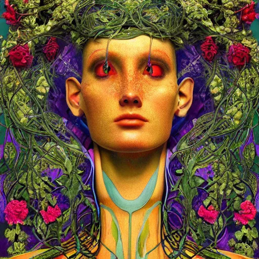 Image similar to A colorful, detailed print - A portrait of a robot with the top of its head composed of flowers and vines. by Arnold Bocklin and Barclay Shaw, masterful print. 4k, unreal engine stunning Art Nouveau